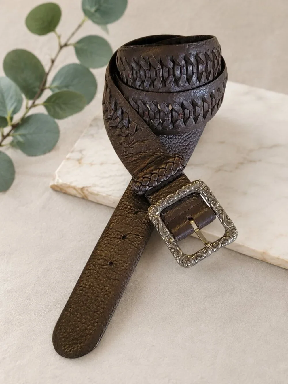 Brighton Brown Genuine Leather Belt Size 40 Ornate Silver Scroll Buckle B20598